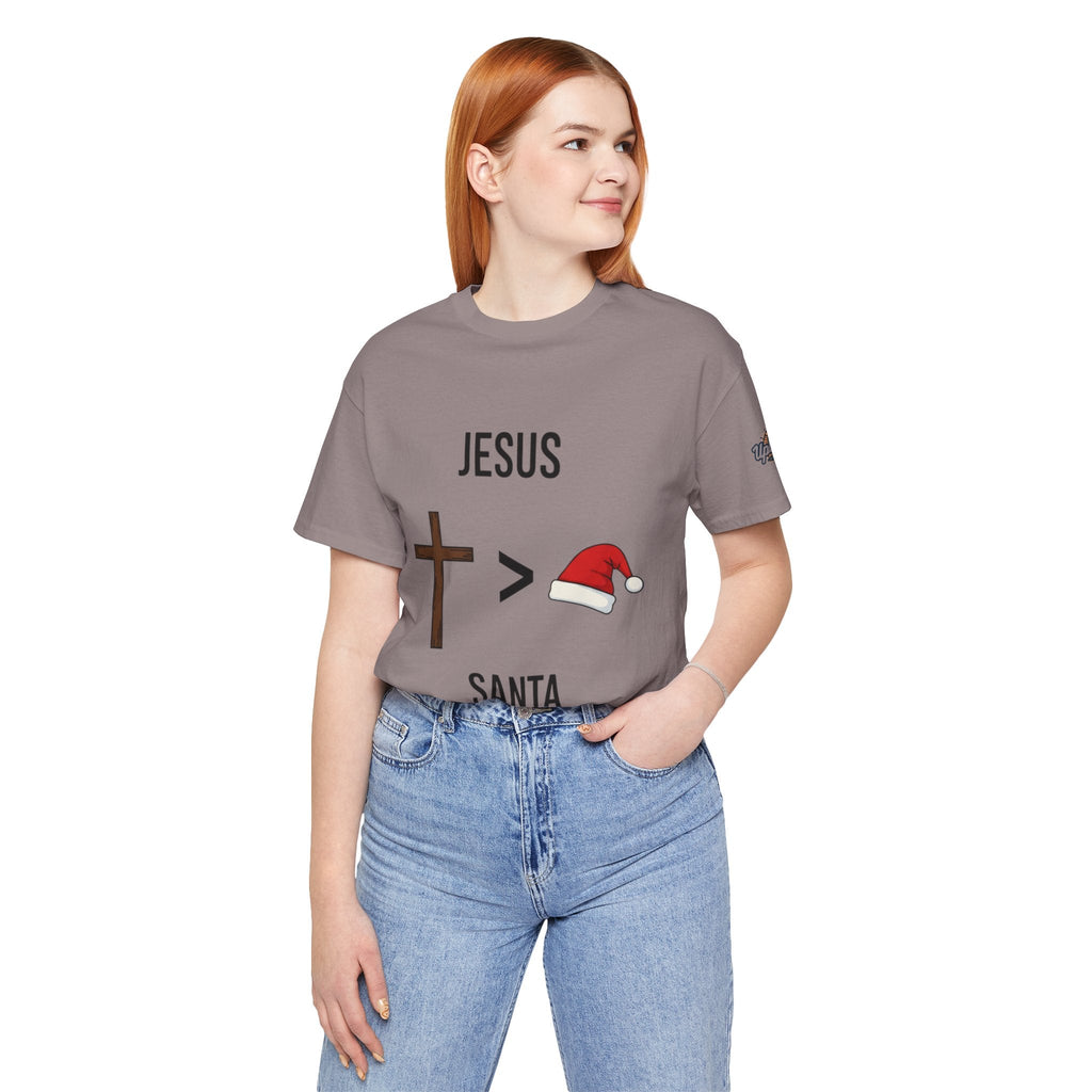 🎄 Jesus > Santa – Minimalist Christian Christmas T-Shirt | Bold Faith Over Holiday Tee | Cross vs Santa Hat Design | Uplifted Gear Printify