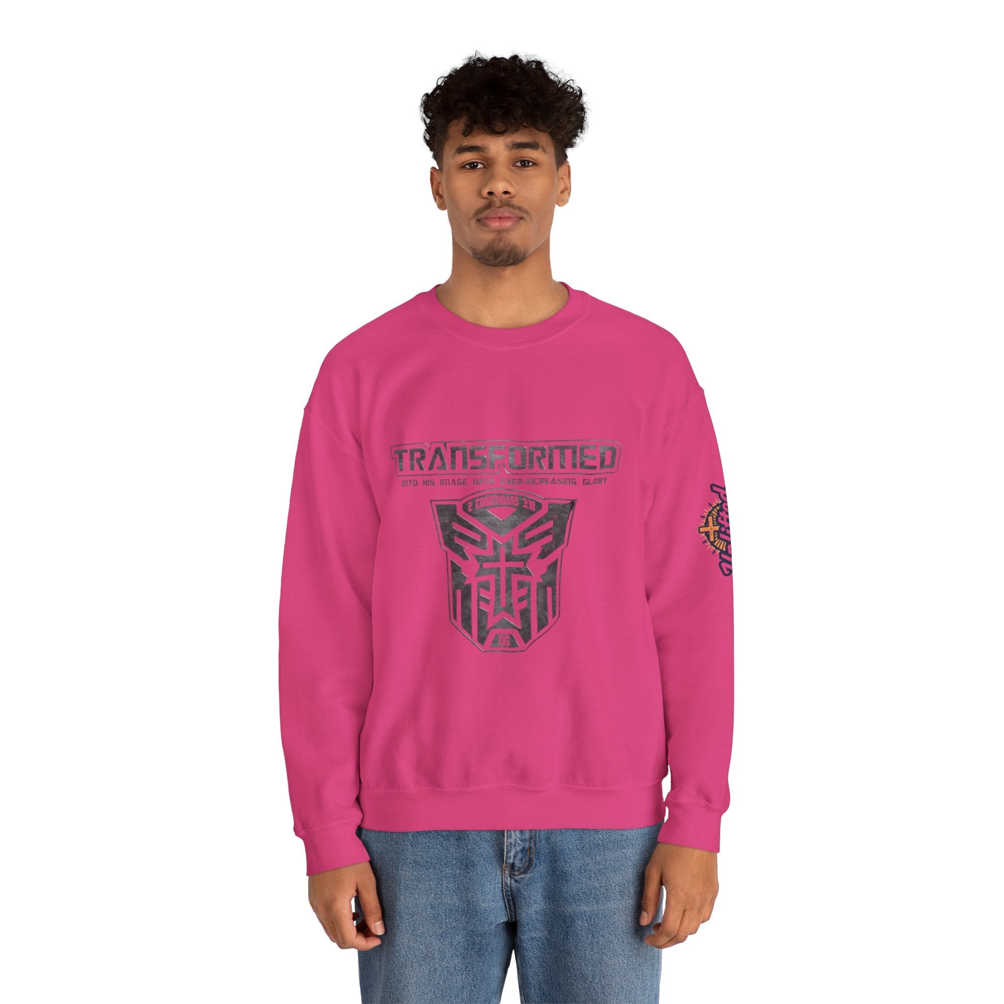 Transformer Logo Christian Sweatshirt | 2 Corinthians 3:18 Bible Verse Sweatshirt Printify