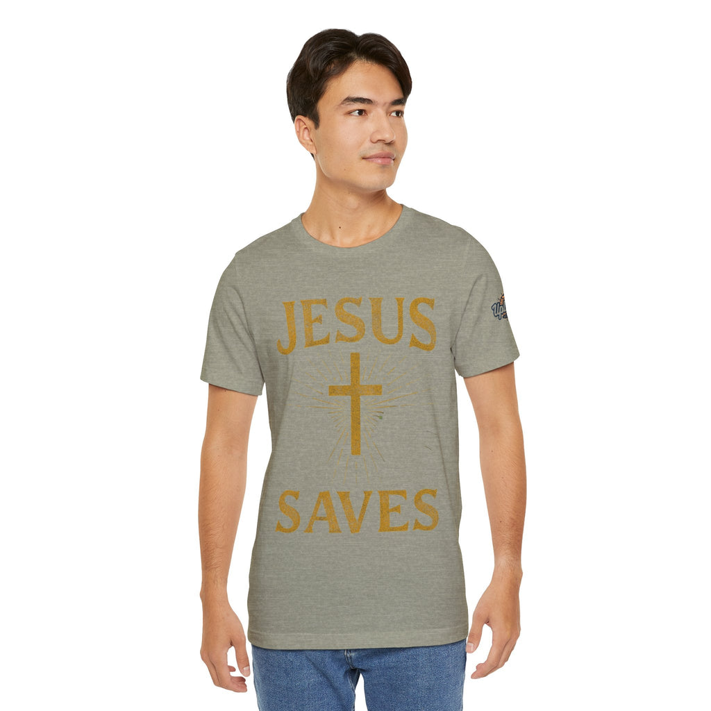 Jesus Saves T-shirt – Radiant Cross & Rays of Light Christian T-shirt for Eternal Hope & Faith Printify