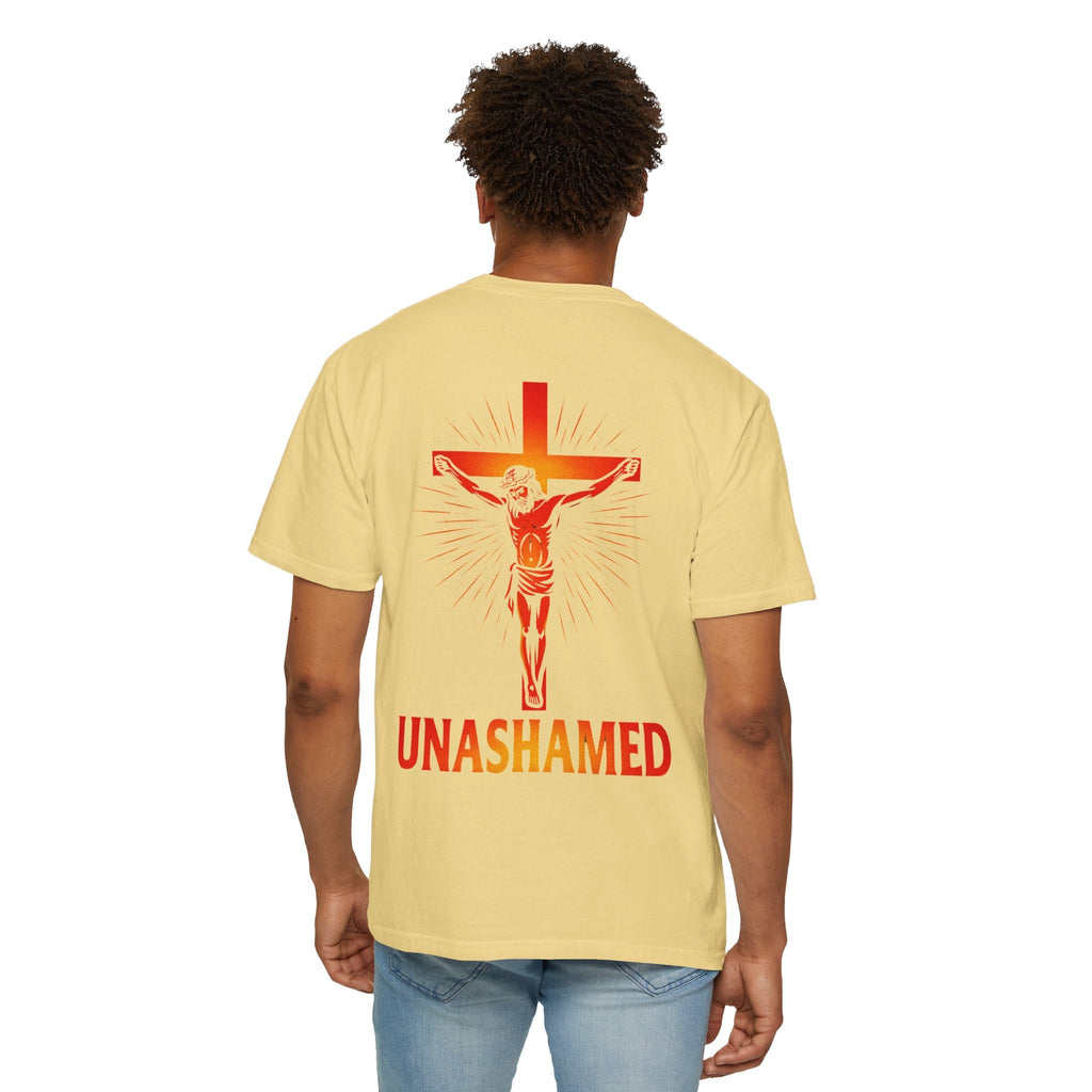 Unashamed T-shirt – Romans 1:16 Crucifixion Christian t-shirt for Bold Unwavering Faith Red Printify