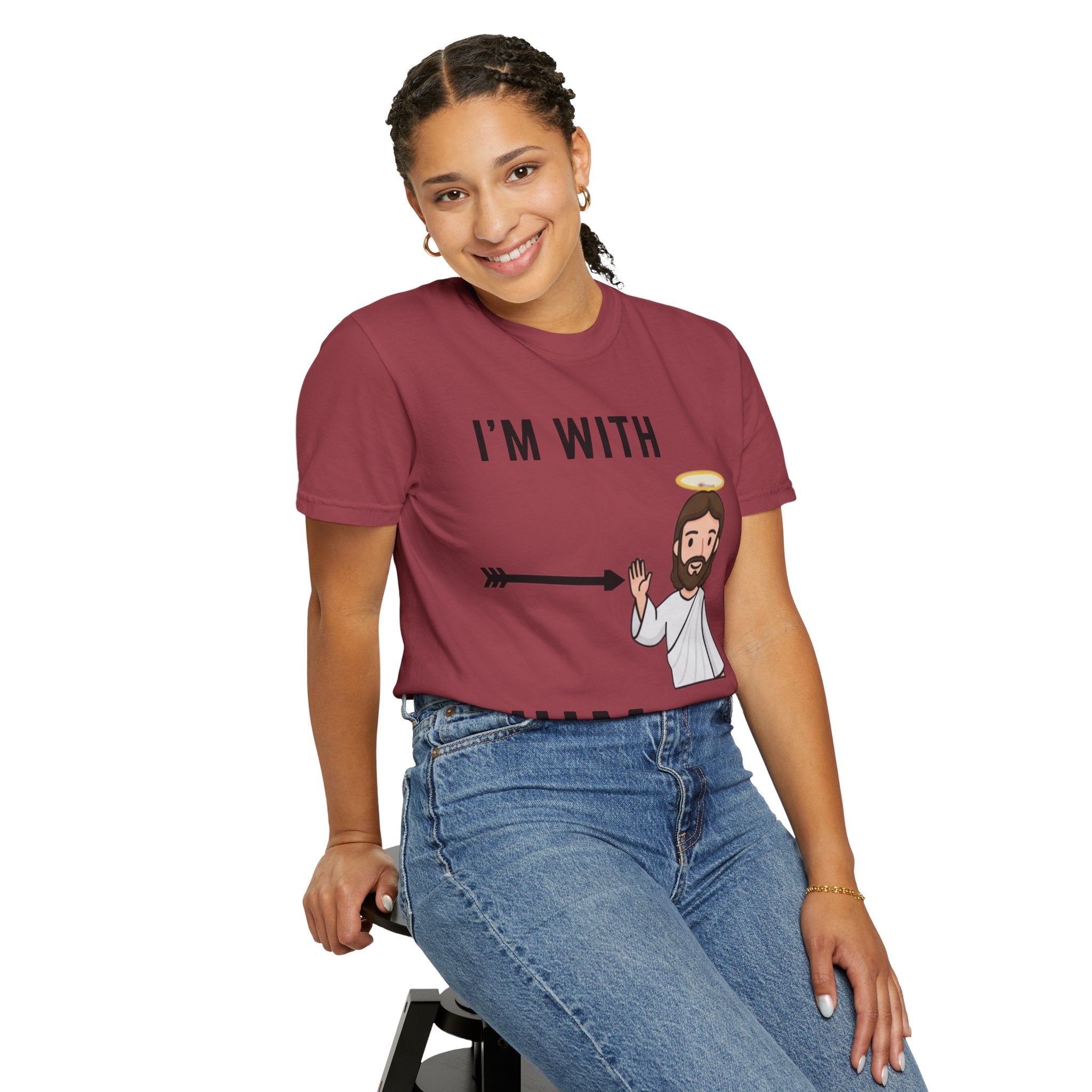 🔥 I’m With Him → Christian T-Shirt | Arrow Pointing to Jesus | Minimalist Faith Tee | Subtle Cross Design | Bible-Inspired Apparel by Uplifted Gear Printify