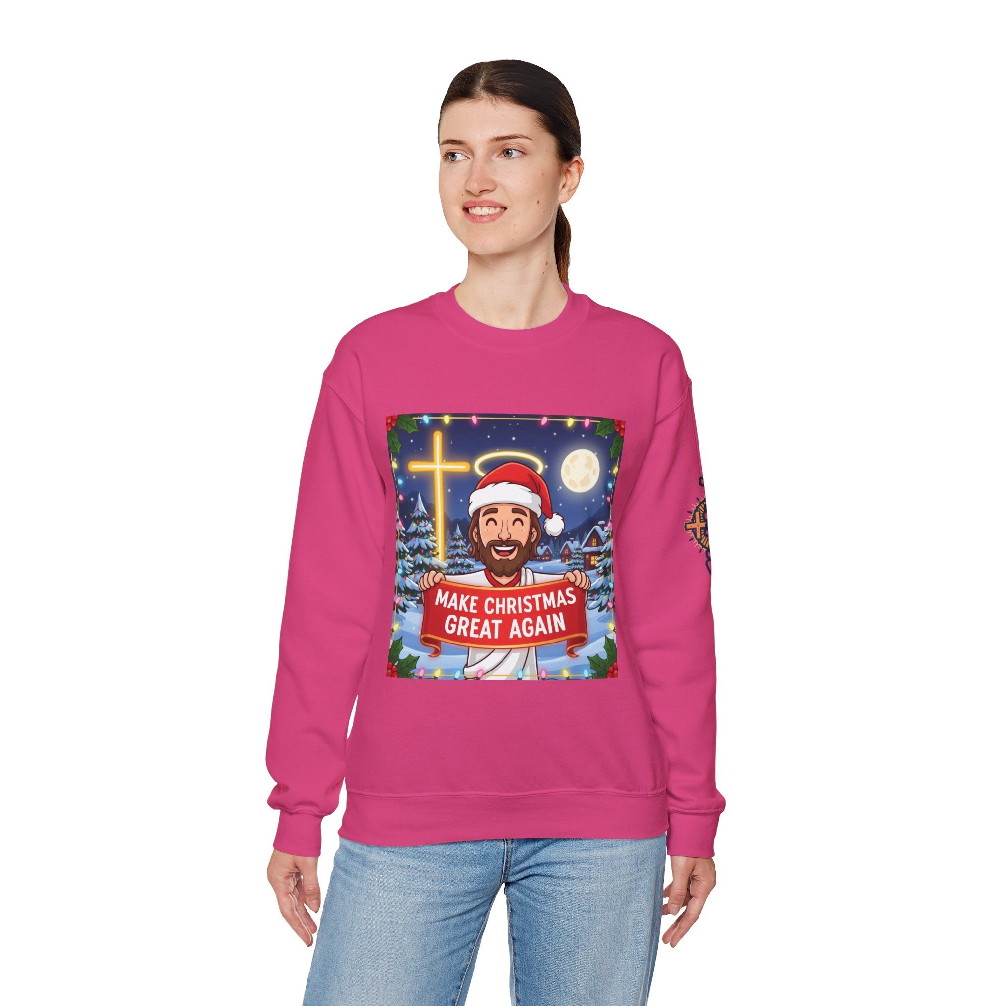 🎄 Make Christmas Great Again – Funny Christian Sweatshirt | Jesus Holding Banner | Faith-Based Holiday Parody Tee | Uplifted Gear Printify