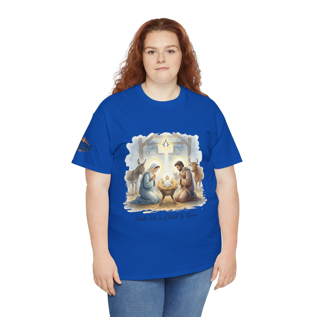 Unto Us a Child is Born T-shirt – Isaiah 9:6 Nativity Manger Scene Christian Christmas T-shirt for Holy Night Faith Printify
