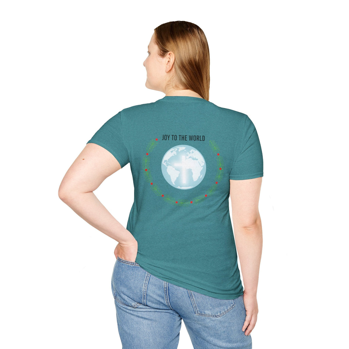 Joy to the World T-shirt – Wreath Earth Nativity Christian Christmas T-shirt for Isaiah 9:6 Holiday Faith & Festive Joy Printify