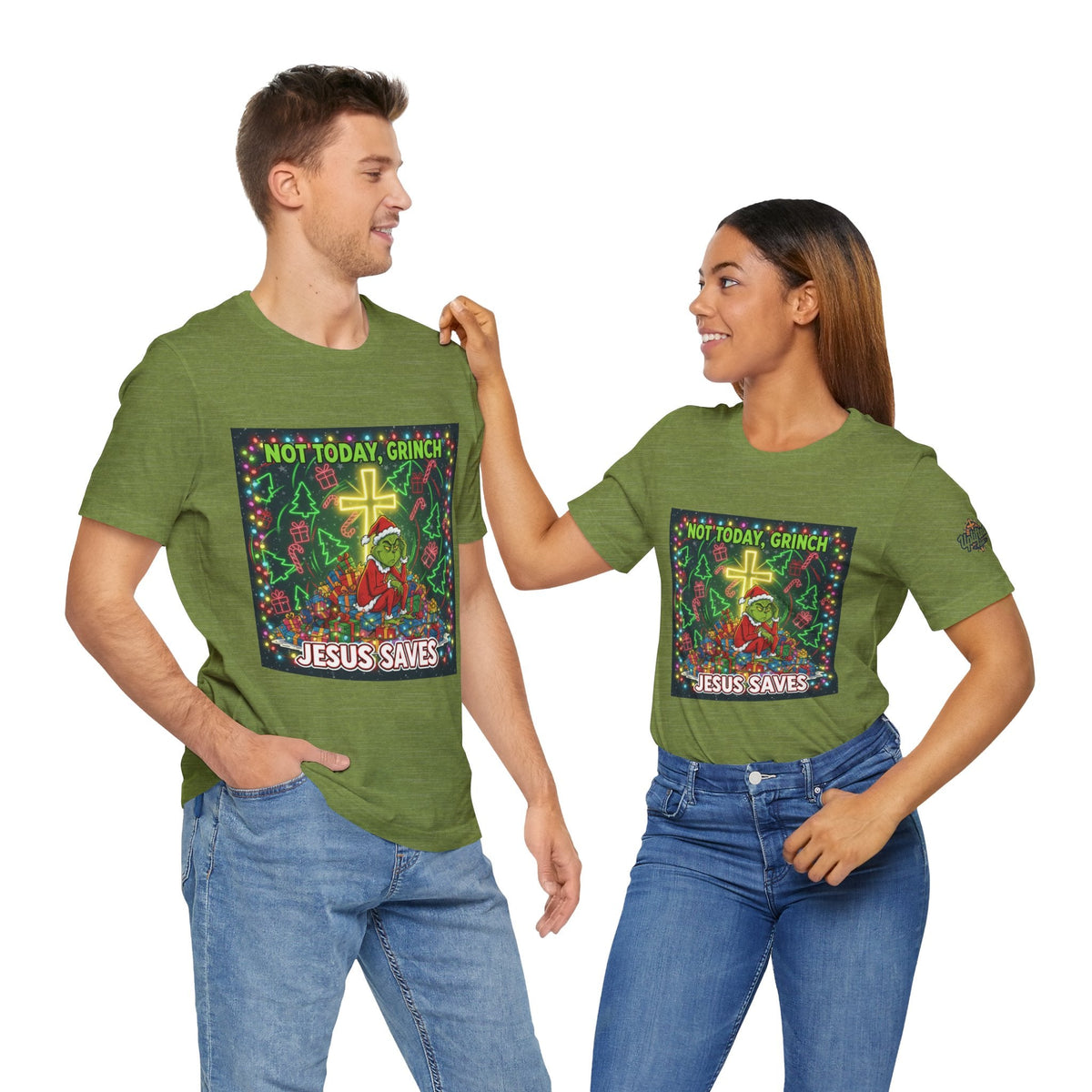 🎄 Not Today, Grinch – Jesus Saves | Funny Christian Christmas T-Shirt | Festive Green & Red Cartoon Style | Bold Faith Holiday Tee by Uplifted Gear Printify