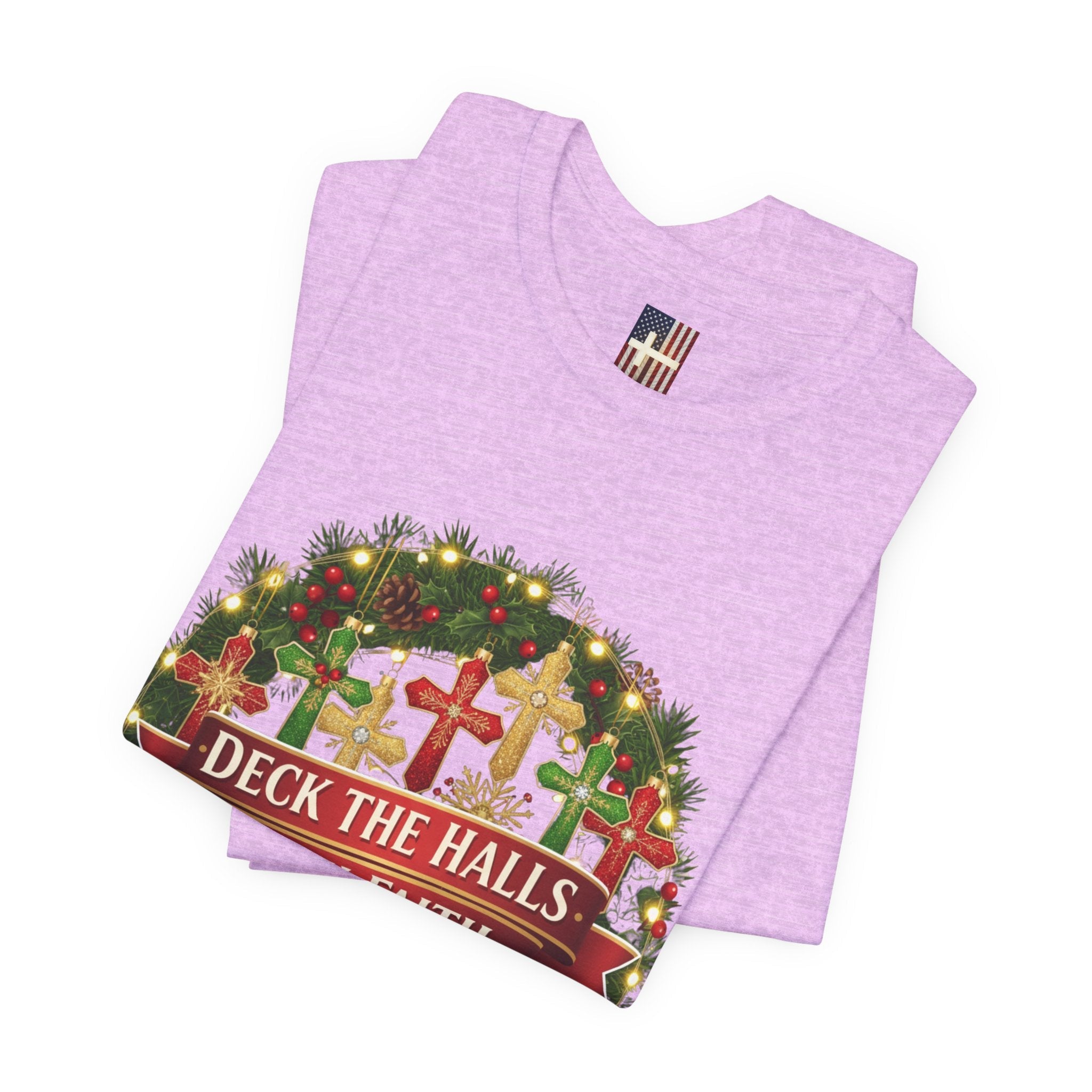 🎄 Deck the Halls with Faith – Christian Christmas T-Shirt | Cross Ornament Design & Festive Garland | Bold Holiday Faith Tee by Uplifted Gear Printify
