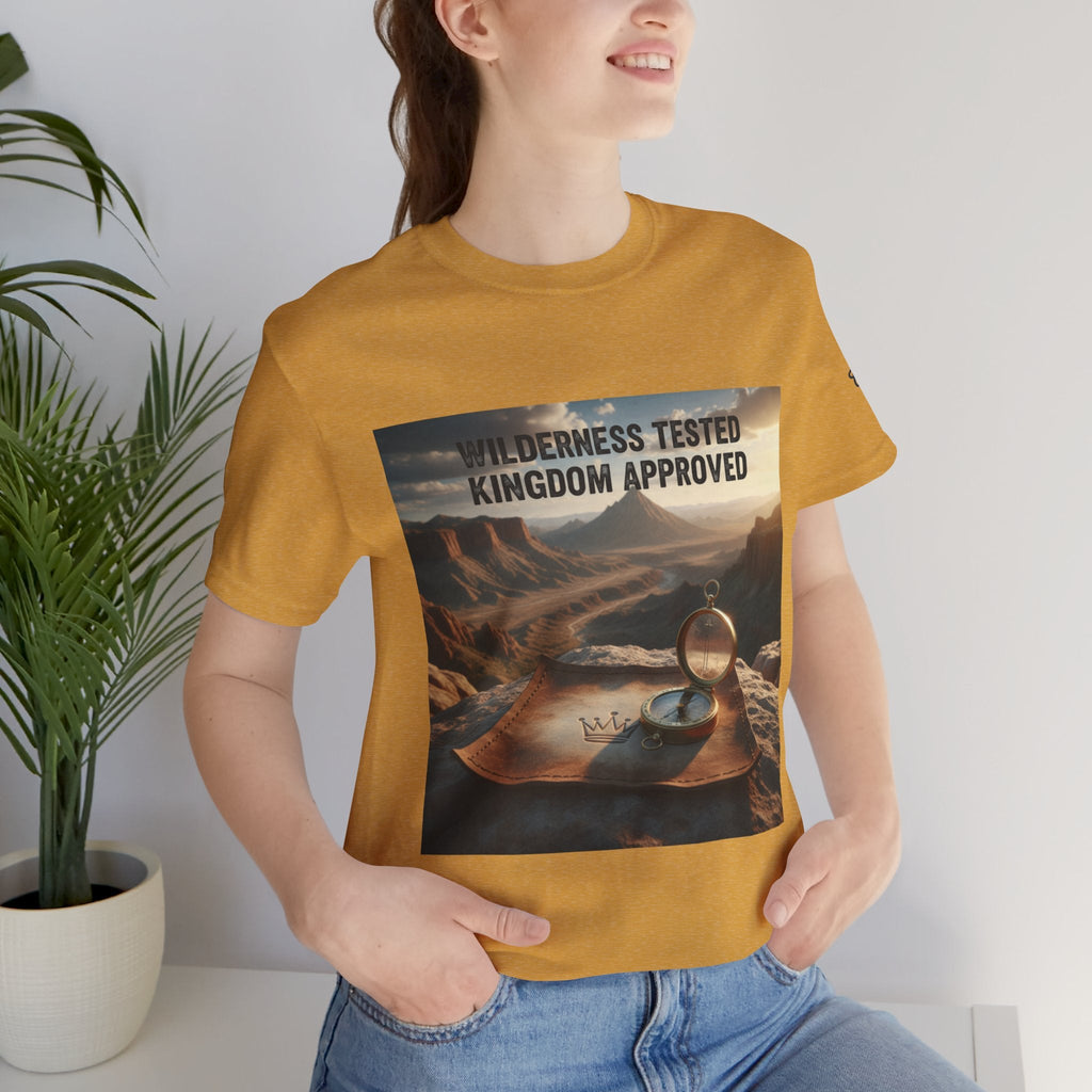 Wilderness Tested Kingdom Approved T-shirt – Mountain Desert Compass Crown Christian T-shirt for Biblical Adventure Faith Printify