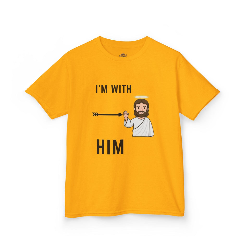 🔥 I’m With Him → Christian Kids T-Shirt | Arrow Pointing to Jesus | Minimalist Faith Tee | Subtle Cross Design | Bible-Inspired Apparel by Uplifted Gear Printify