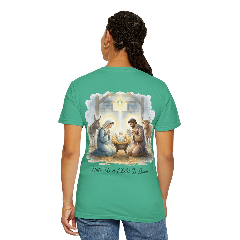 Unto Us a Child is Born T-shirt – Isaiah 9:6 Nativity Manger Scene Christian Christmas T-shirt for Holy Night Faith Printify