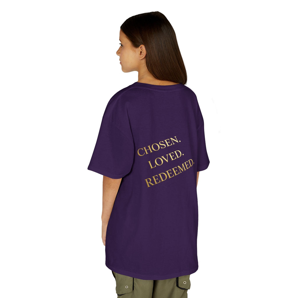 ✨ Chosen. Loved. Redeemed. – Elegant Christian Kids T-Shirt | Gold Foil Faith Tee | Subtle Cross & Heart Design | Inspirational Bible Verse Apparel by Uplifted Gear Printify
