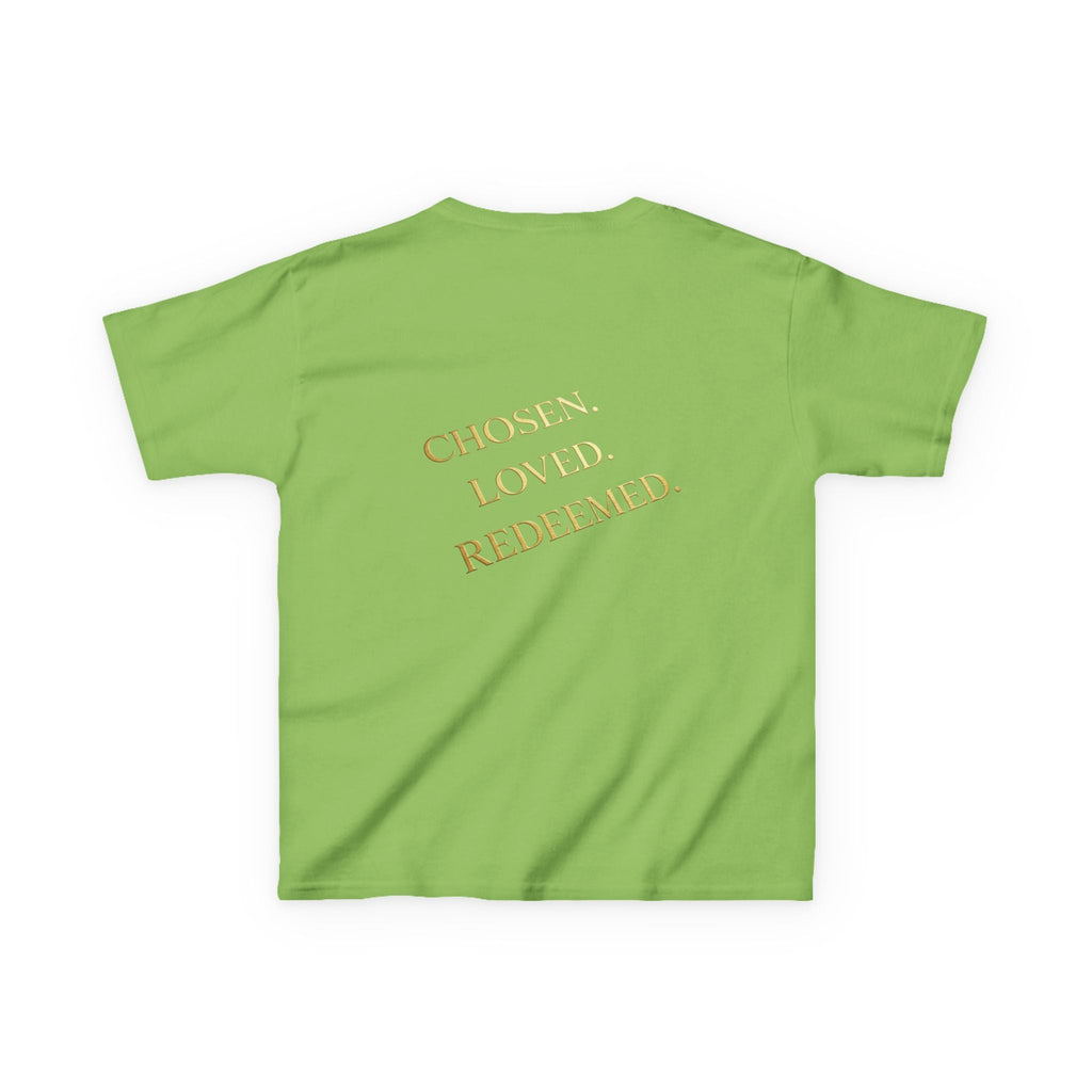 ✨ Chosen. Loved. Redeemed. – Elegant Christian Kids T-Shirt | Gold Foil Faith Tee | Subtle Cross & Heart Design | Inspirational Bible Verse Apparel by Uplifted Gear Printify