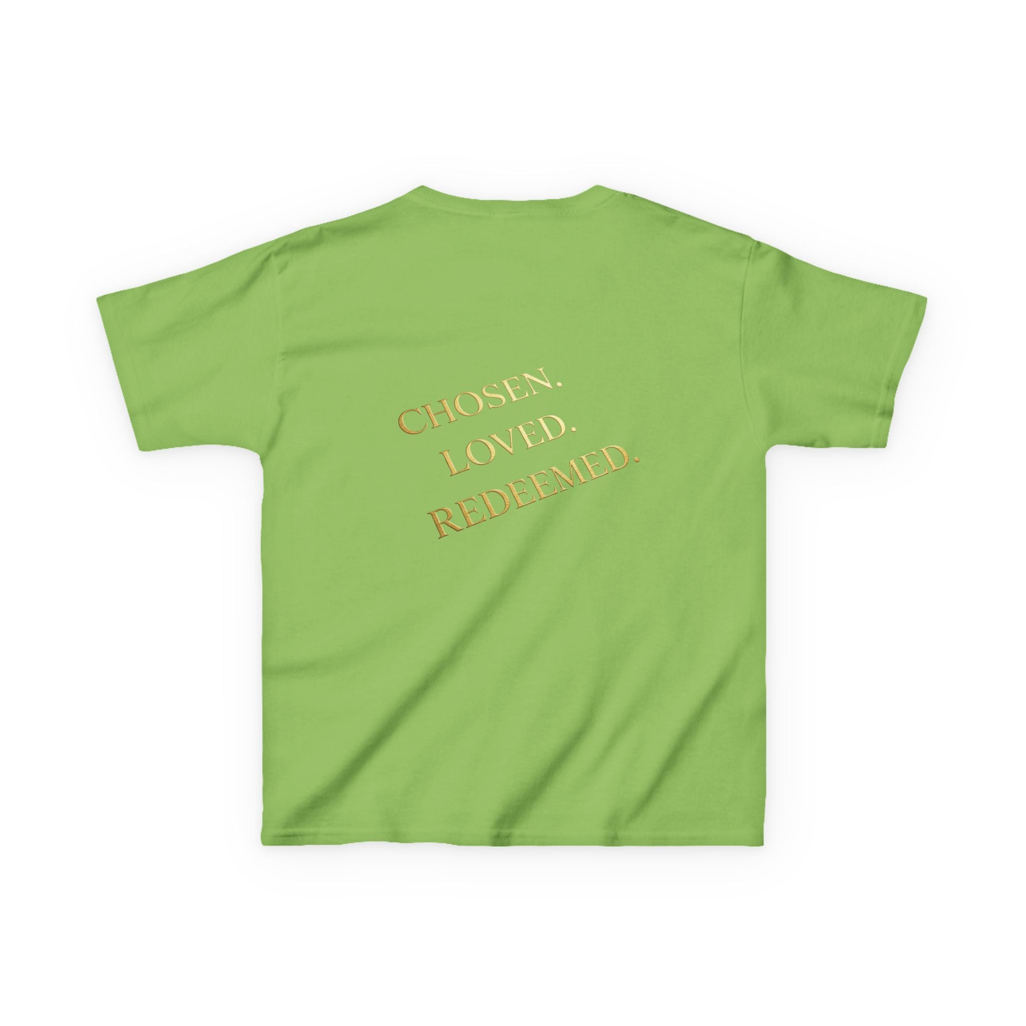 ✨ Chosen. Loved. Redeemed. – Elegant Christian Kids T-Shirt | Gold Foil Faith Tee | Subtle Cross & Heart Design | Inspirational Bible Verse Apparel by Uplifted Gear Printify