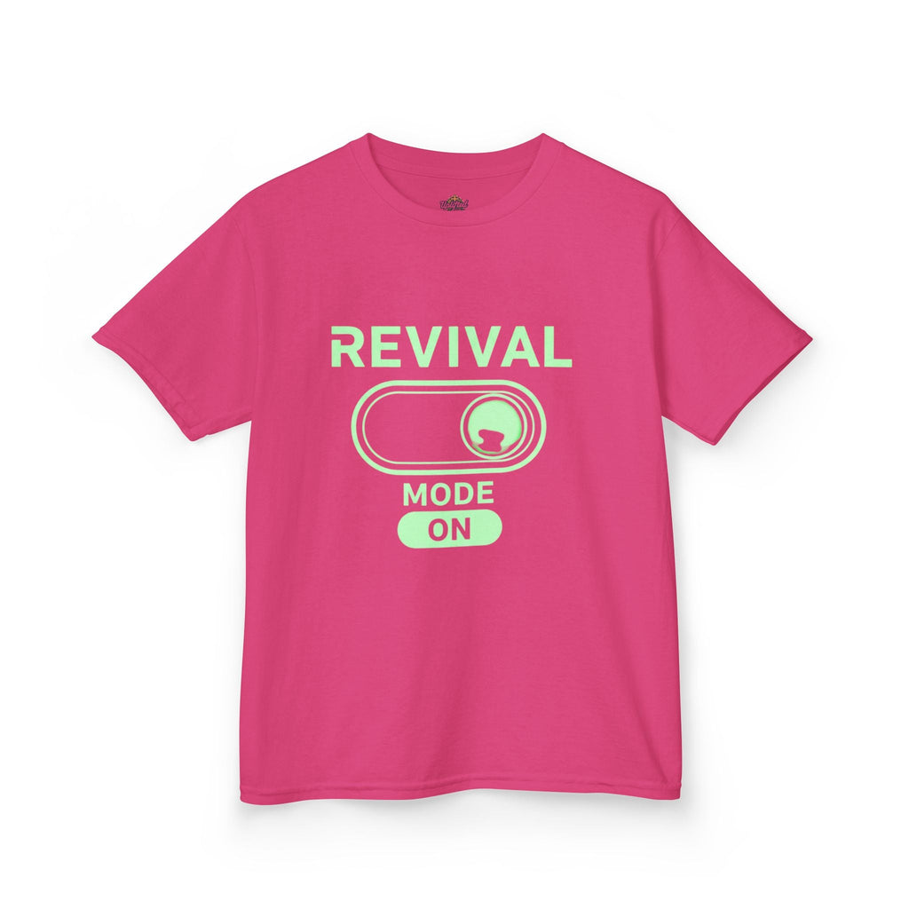 🔥 Revival Mode: ON – Christian Techwear Kids T-Shirt | Glowing Green Faith Switch | Futuristic Jesus Shirt | Activate Your Spiritual Awakening | Uplifted Gear Printify