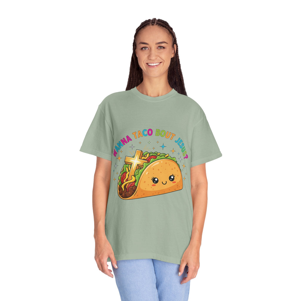 Wanna Taco 'Bout Jesus? Funny Christian Pun T-Shirt – Lettuce Pray & Share Faith! Printify