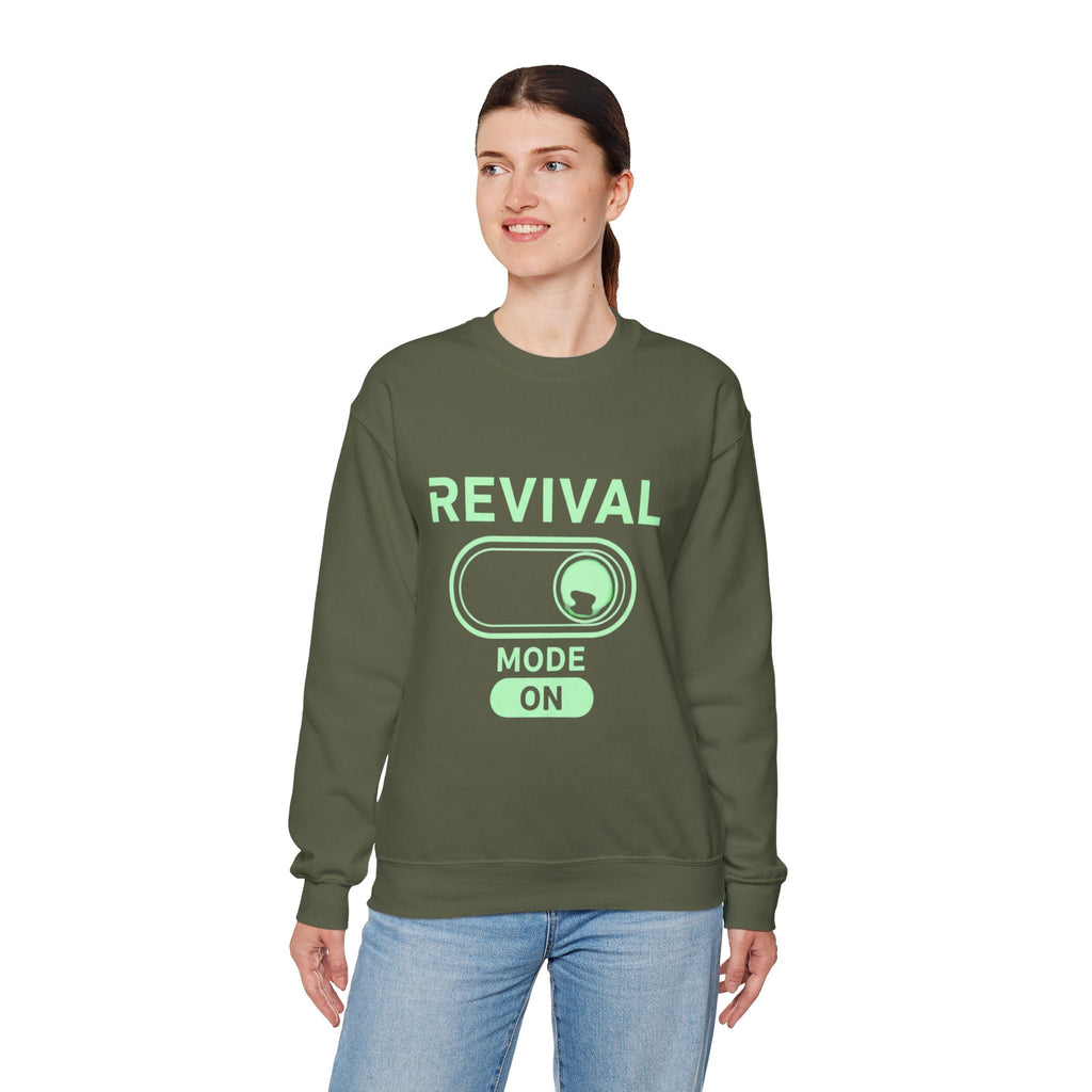 🔥 Revival Mode: ON – Christian Techwear Sweatshirt | Glowing Green Faith Switch | Futuristic Jesus Shirt | Activate Your Spiritual Awakening | Uplifted Gear Printify