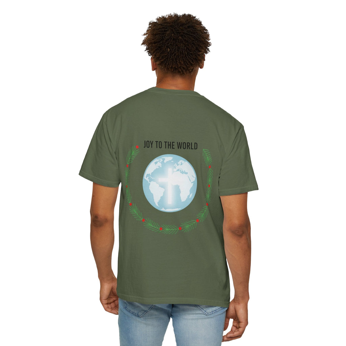Joy to the World T-shirt – Wreath Earth Nativity Christian Christmas T-shirt for Isaiah 9:6 Holiday Faith & Festive Joy Printify