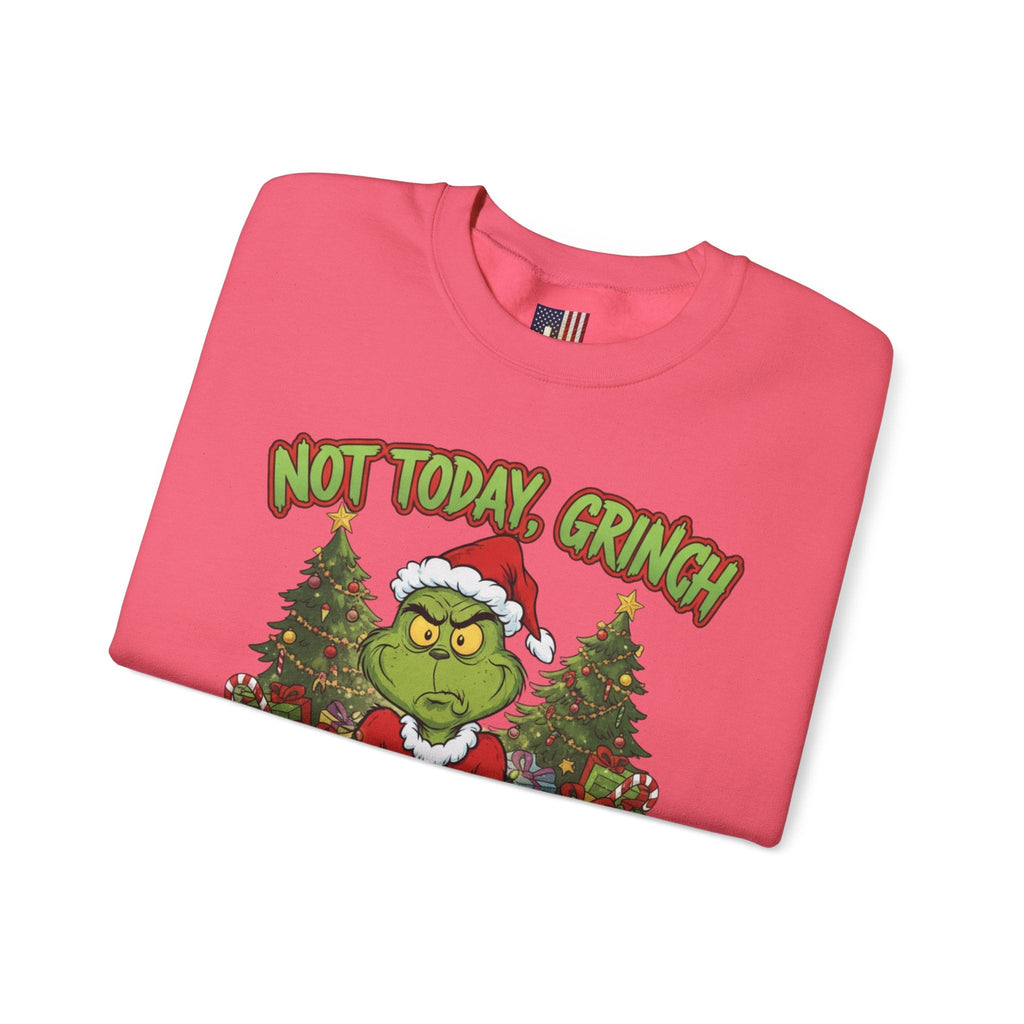 🎄 Not Today, Grinch – Jesus Saves | Funny Christian Christmas Sweatshirt | Sulking Grinch & Glowing Cross | Bold Neon Faith Tee by Uplifted Gear Printify