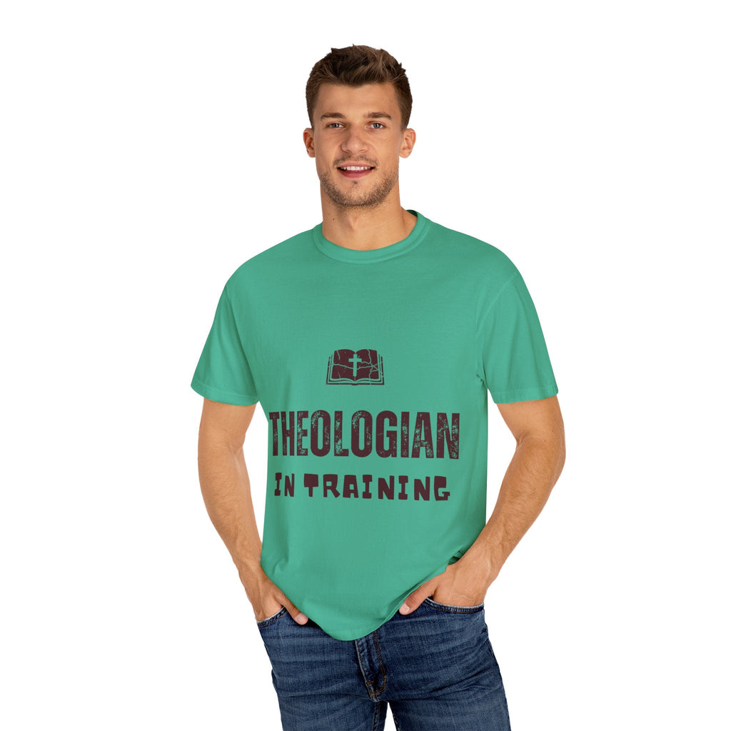 Theologian in Training T-Shirt – Open Bible & Cross Christian Tee for Faithful Learners Printify