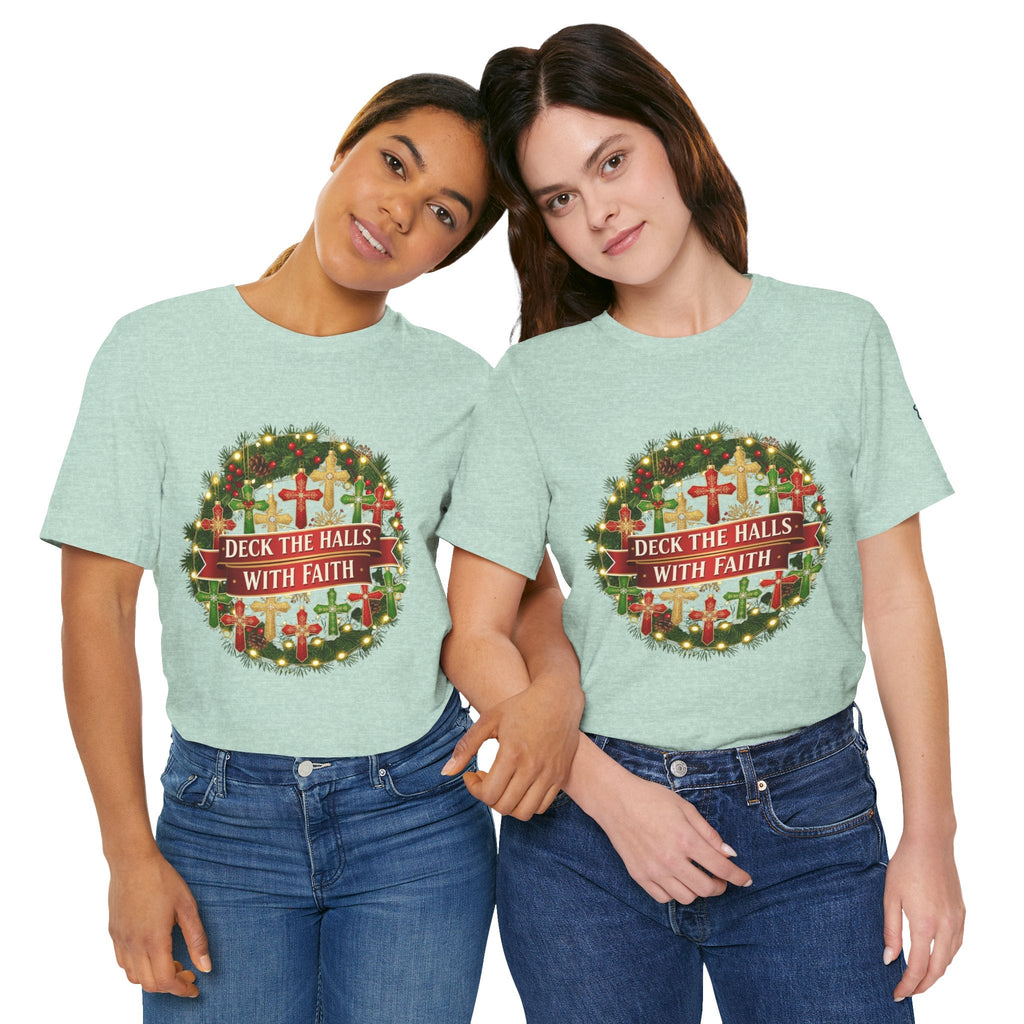 🎄 Deck the Halls with Faith – Christian Christmas T-Shirt | Cross Ornament Design & Festive Garland | Bold Holiday Faith Tee by Uplifted Gear Printify