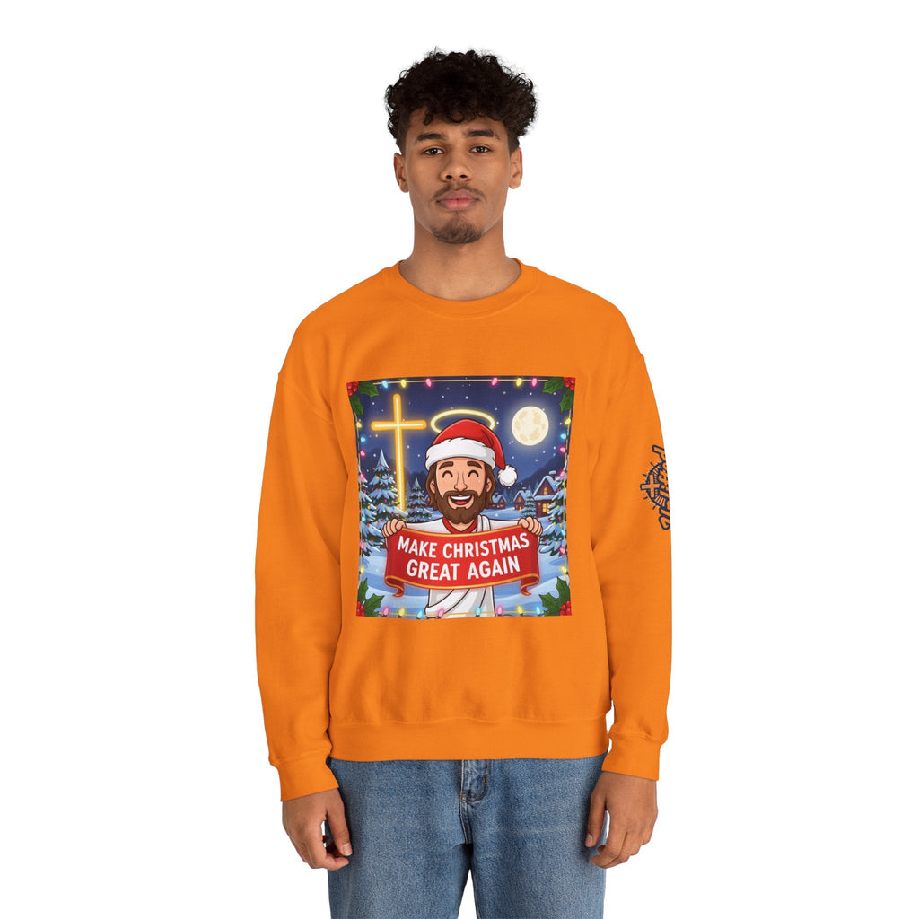 🎄 Make Christmas Great Again – Funny Christian Sweatshirt | Jesus Holding Banner | Faith-Based Holiday Parody Tee | Uplifted Gear Printify
