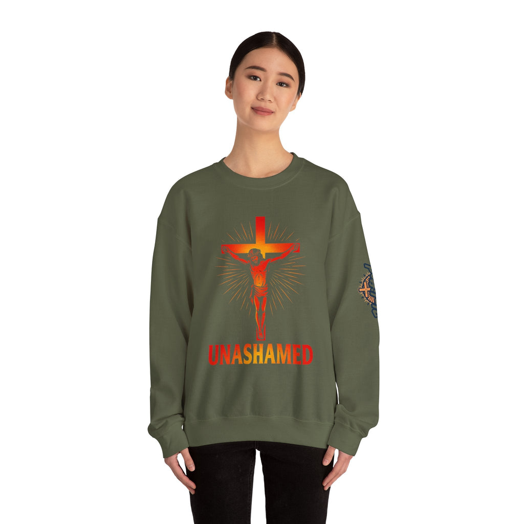 Unashamed Sweatshirt – Romans 1:16 Crucifixion Christian Sweatshirt for Bold Unwavering Faith Printify