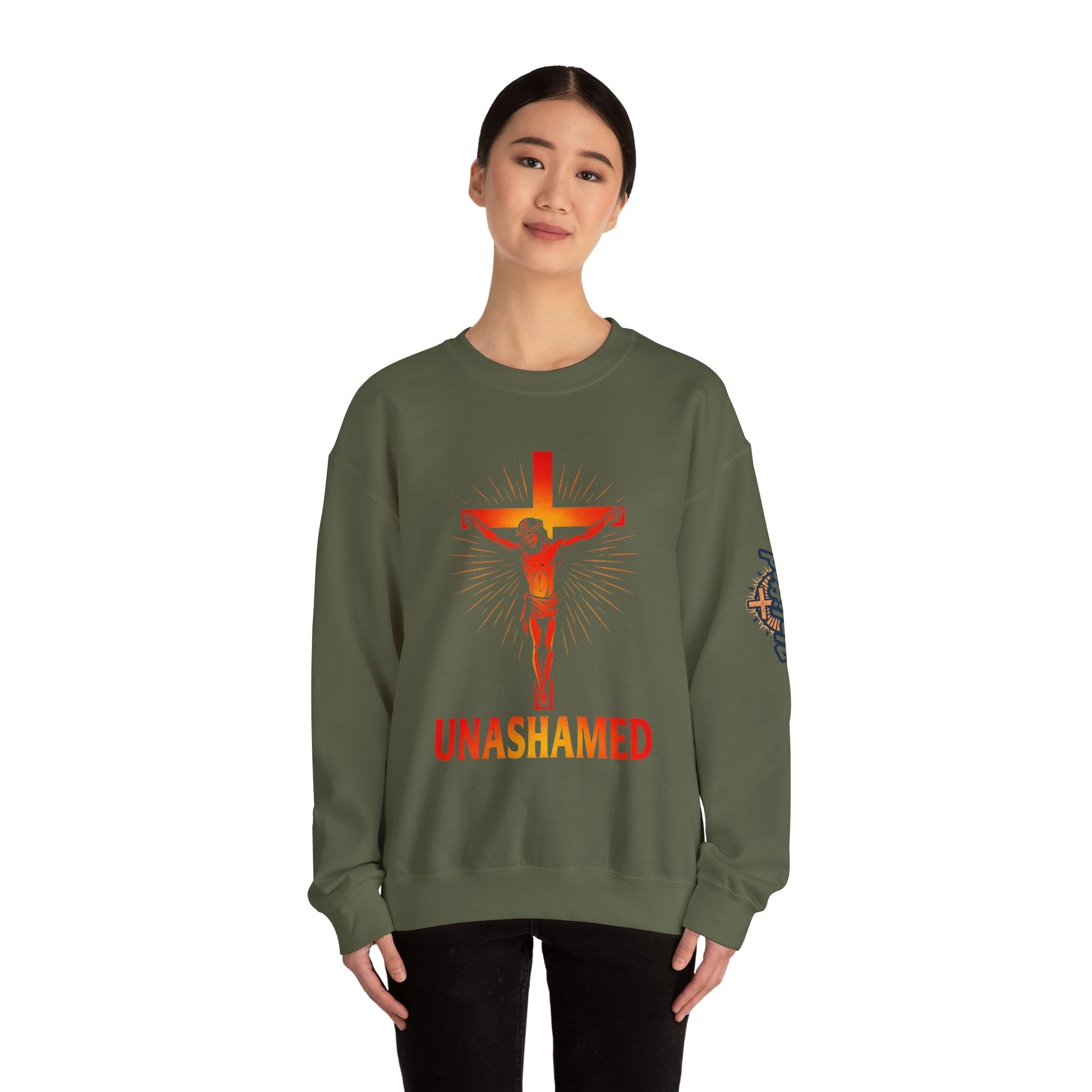 Unashamed Sweatshirt – Romans 1:16 Crucifixion Christian Sweatshirt for Bold Unwavering Faith Printify