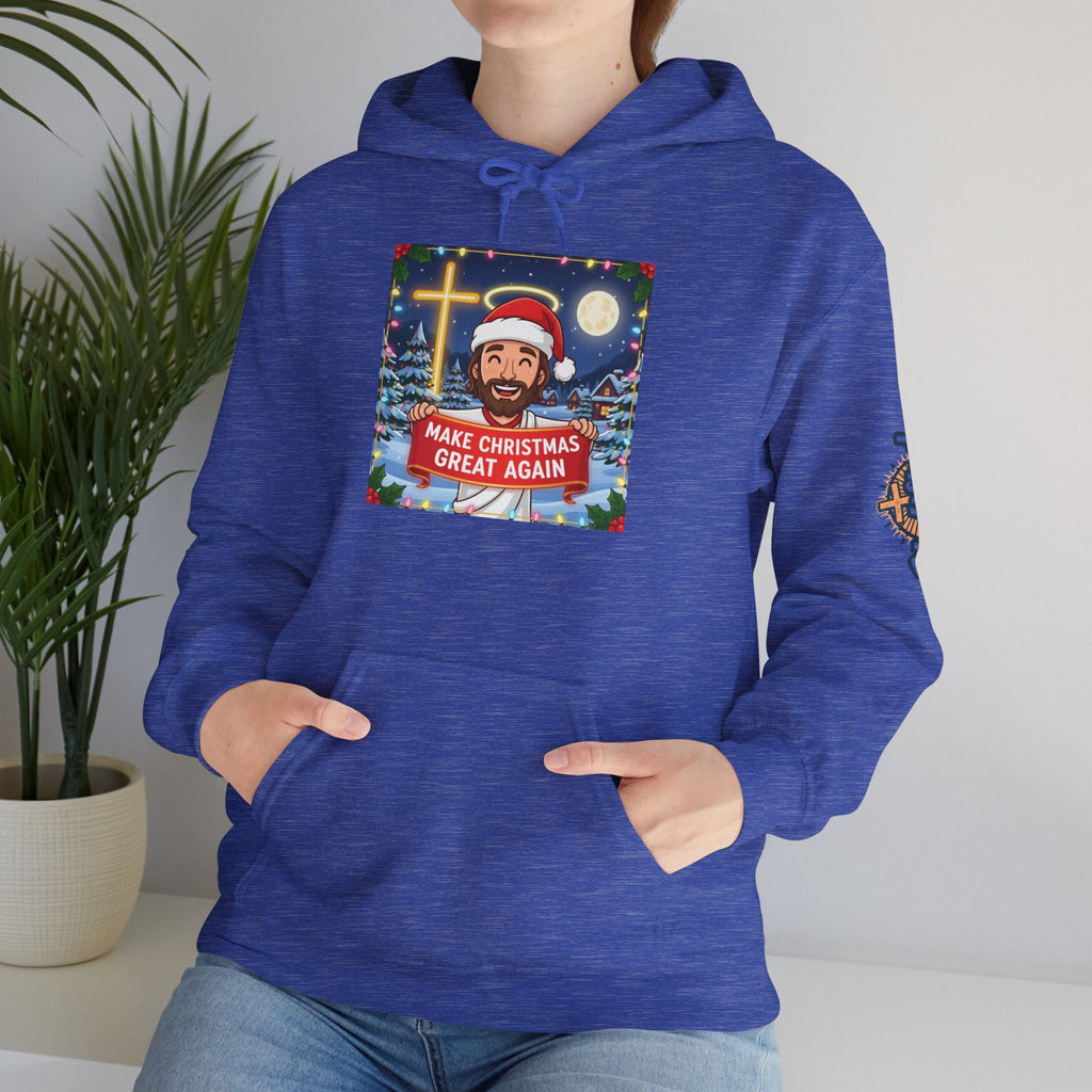 🎄 Make Christmas Great Again – Funny Christian Hoodie | Jesus Holding Banner | Faith-Based Holiday Parody Tee | Uplifted Gear Printify