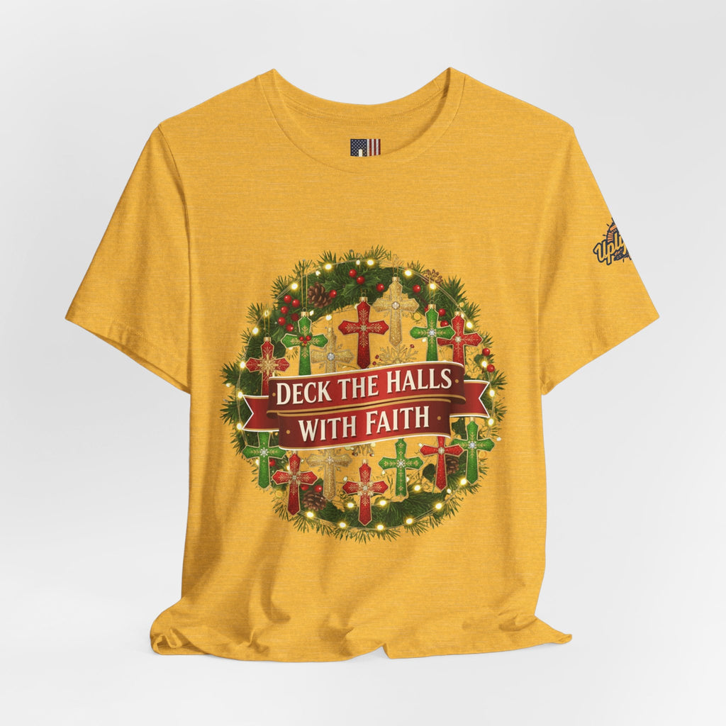 🎄 Deck the Halls with Faith – Christian Christmas T-Shirt | Cross Ornament Design & Festive Garland | Bold Holiday Faith Tee by Uplifted Gear Printify