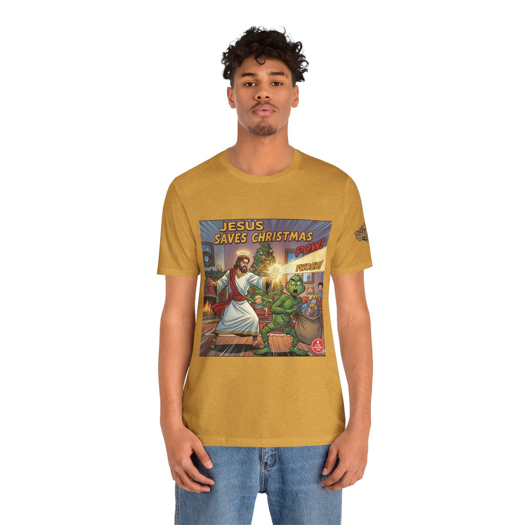 Jesus Saves Christmas T-shirt – Grinch vs Savior Light Battle Christian T-shirt for Hilarious Holiday Faith & True Joy Printify
