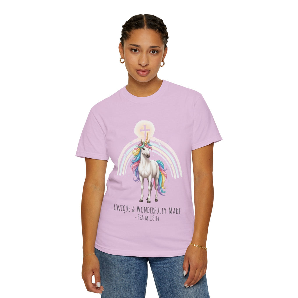 Unique Unicorn Christian T-Shirt – Wonderfully Made with Rainbow Cross & Psalm 139:14 Printify