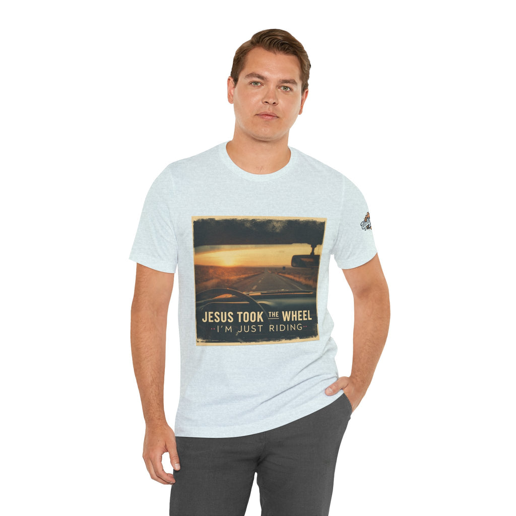 Jesus Took the Wheel I'm Just Riding T-shirt – Funny Christian Convertible Car T-shirt for Surrendered Faith & Humor Printify