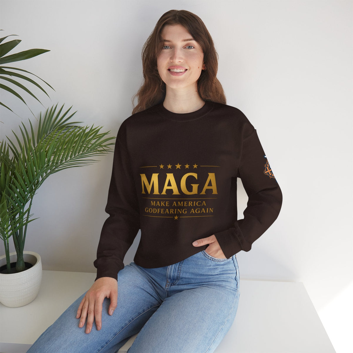 Sweatshirt — "MAGA Make America Godfearing Again" Gold Logo Crewneck Printify