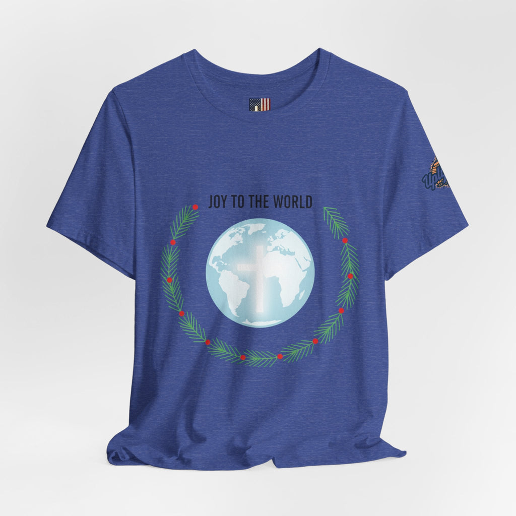 Joy to the World T-shirt – Wreath Earth Nativity Christian Christmas T-shirt for Isaiah 9:6 Holiday Faith & Festive Joy Printify