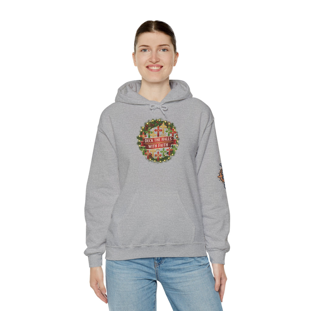 🎄 Deck the Halls with Faith – Christian Christmas Hoodie | Cross Ornament Design & Festive Garland | Bold Holiday Faith Tee by Uplifted Gear Printify