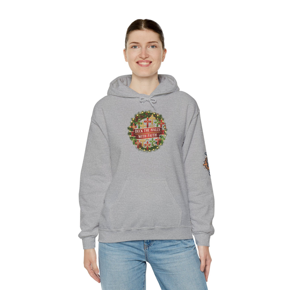 🎄 Deck the Halls with Faith – Christian Christmas Hoodie | Cross Ornament Design & Festive Garland | Bold Holiday Faith Tee by Uplifted Gear Printify