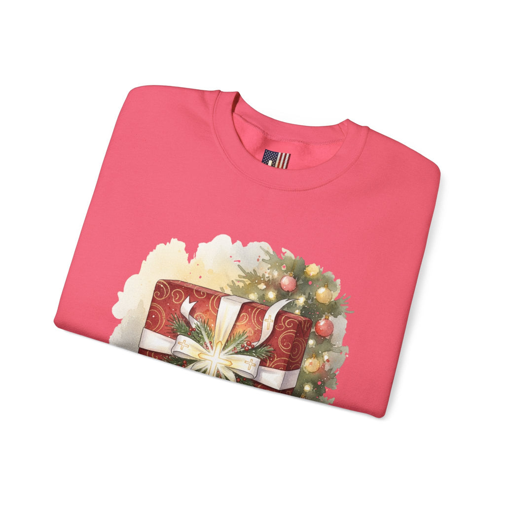 The Greatest Gift Sweatshirt – Cross Bow Present Christian Sweatshirt for Christmas Salvation & Eternal Faith Printify