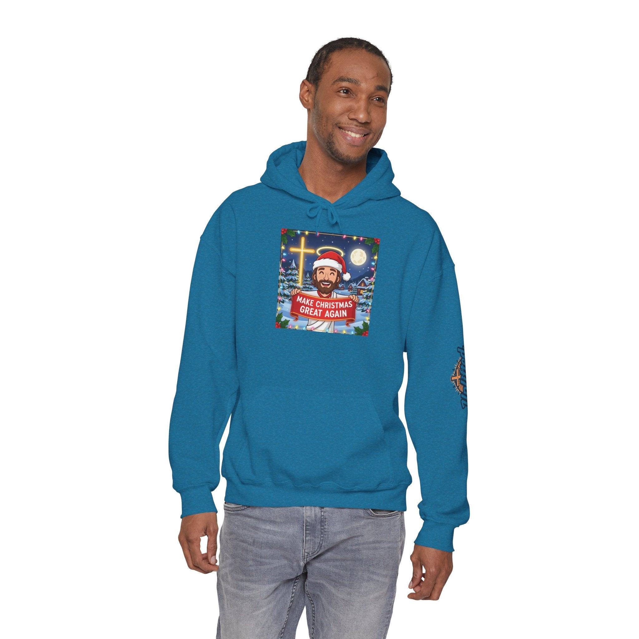 🎄 Make Christmas Great Again – Funny Christian Hoodie | Jesus Holding Banner | Faith-Based Holiday Parody Tee | Uplifted Gear Printify
