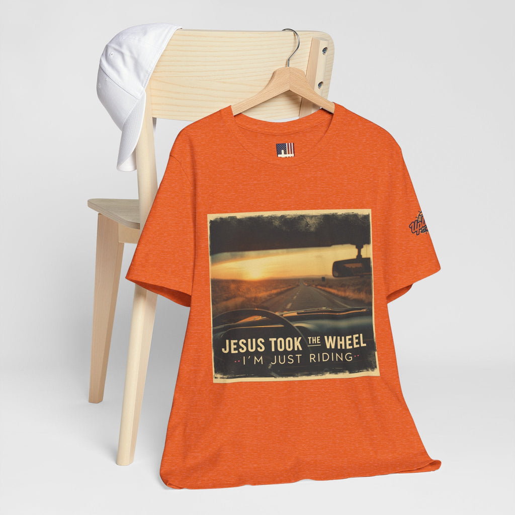 Jesus Took the Wheel I'm Just Riding T-shirt – Funny Christian Convertible Car T-shirt for Surrendered Faith & Humor Printify
