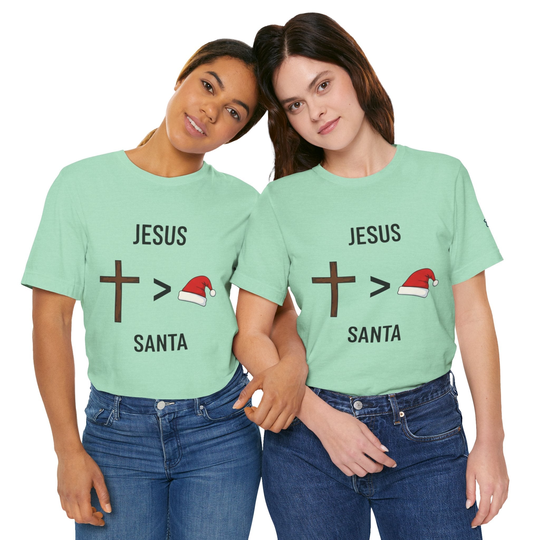 🎄 Jesus > Santa – Minimalist Christian Christmas T-Shirt | Bold Faith Over Holiday Tee | Cross vs Santa Hat Design | Uplifted Gear Printify