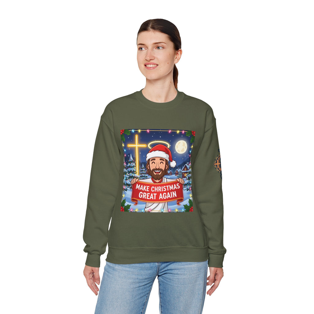 🎄 Make Christmas Great Again – Funny Christian Sweatshirt | Jesus Holding Banner | Faith-Based Holiday Parody Tee | Uplifted Gear Printify