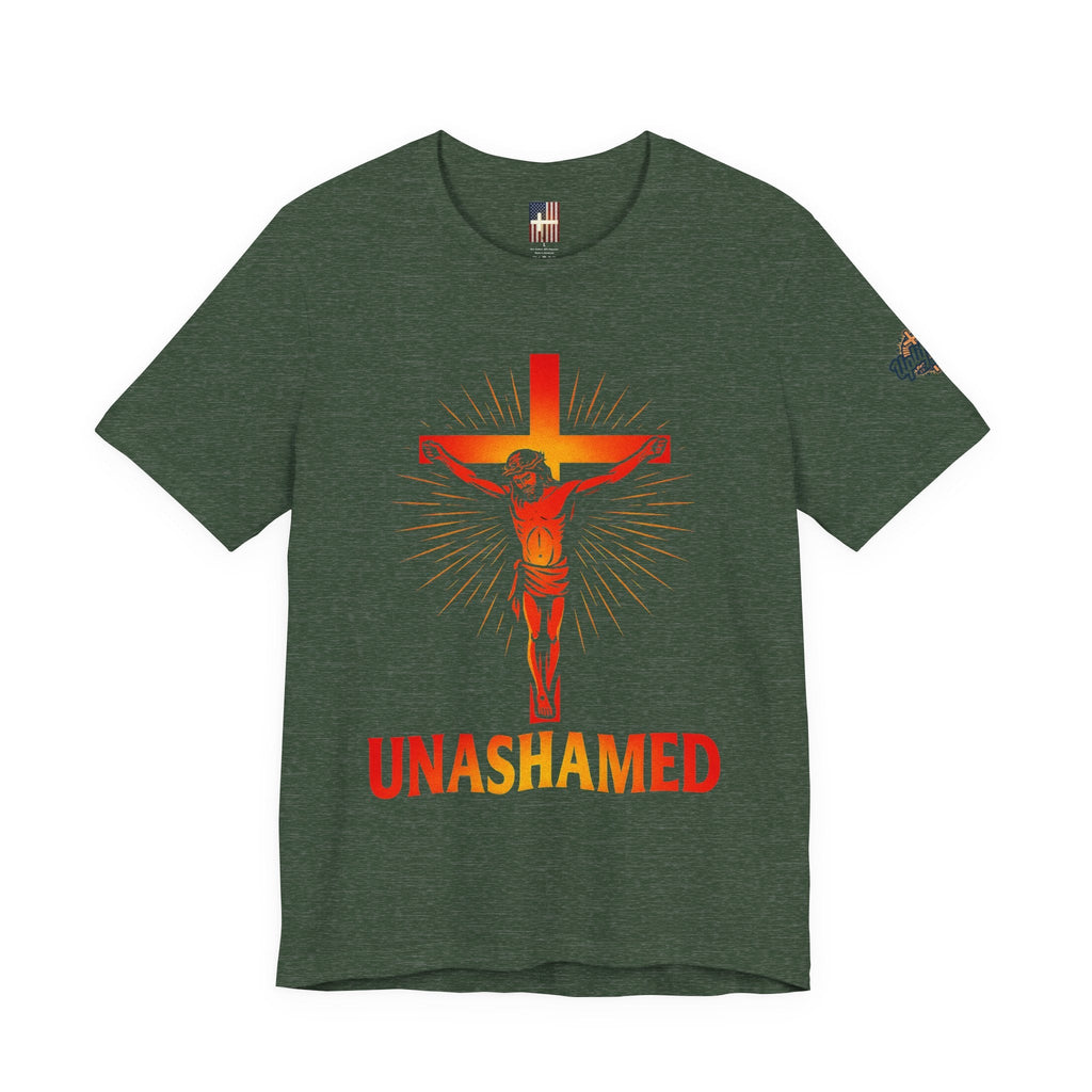 Unashamed T-shirt – Romans 1:16 Crucifixion Christian t-shirt for Bold Unwavering Faith Printify