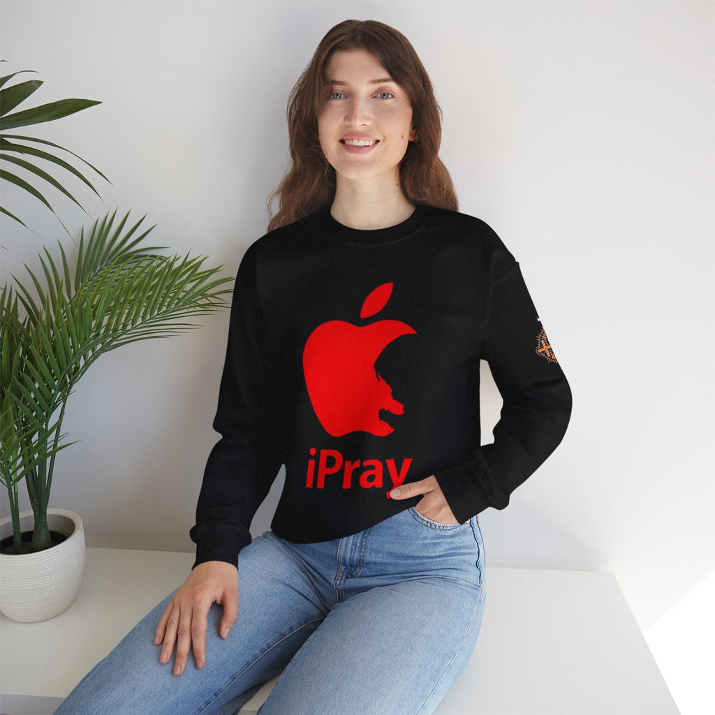iPray Apple Logo Sweatshirt — Funny Christian Sweatshirt (Minimal Red Apple Graphic) Printify