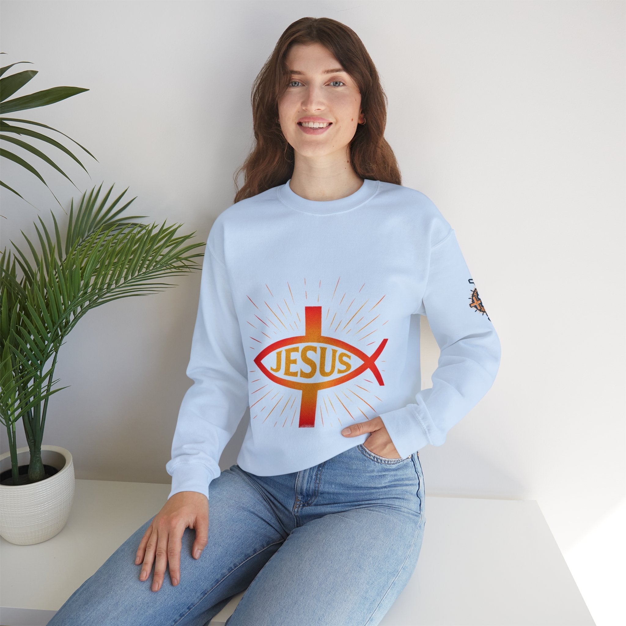 Jesus Ichthys Sweatshirt – Christian Fish Symbol with Cross & Jesus Inscription Sweatshirt for Eternal Faith & Streetwear Printify