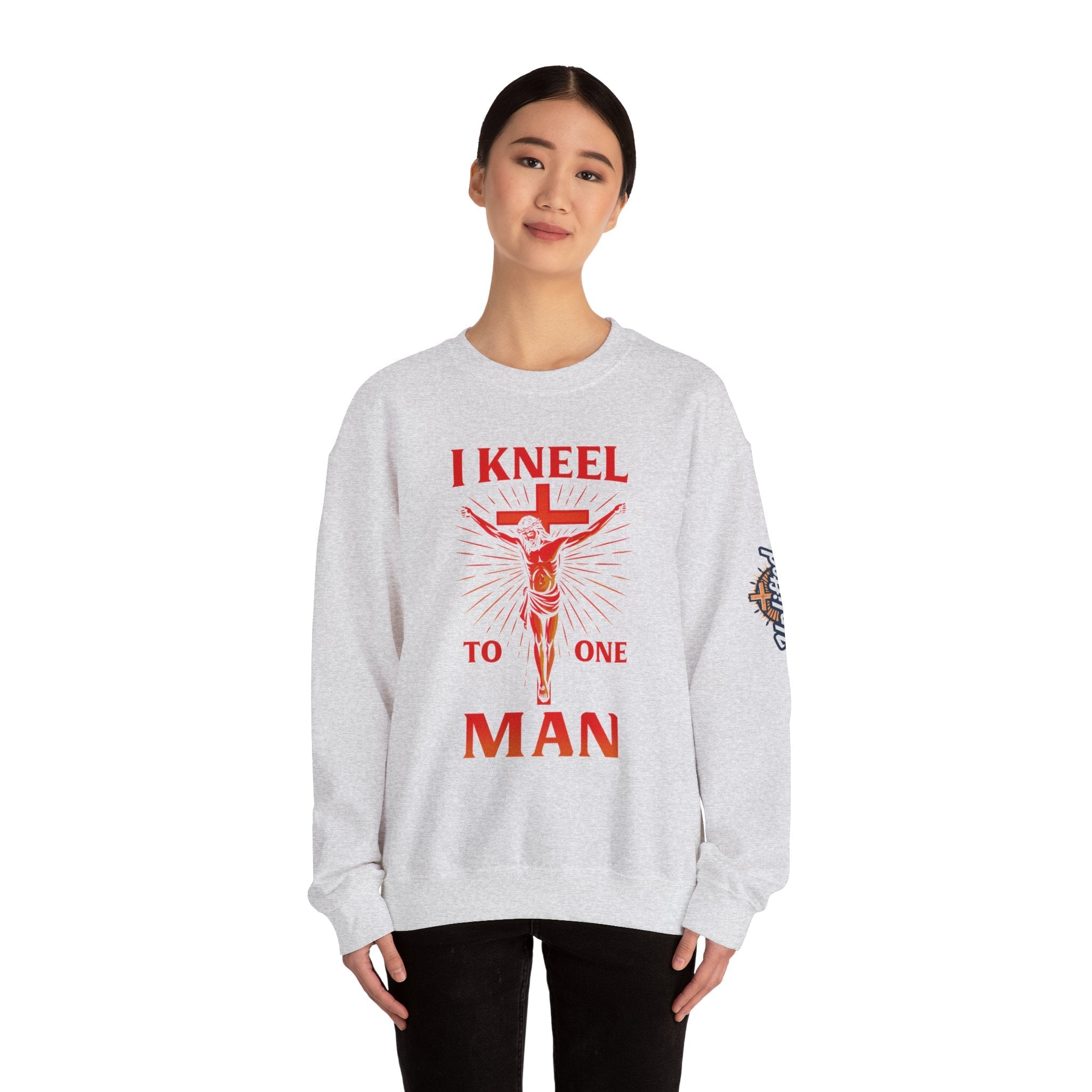I Kneel to One Man Sweatshirt – Crucifixion Christian Sweatshirt for Unashamed Devotion & Bold Faith Printify