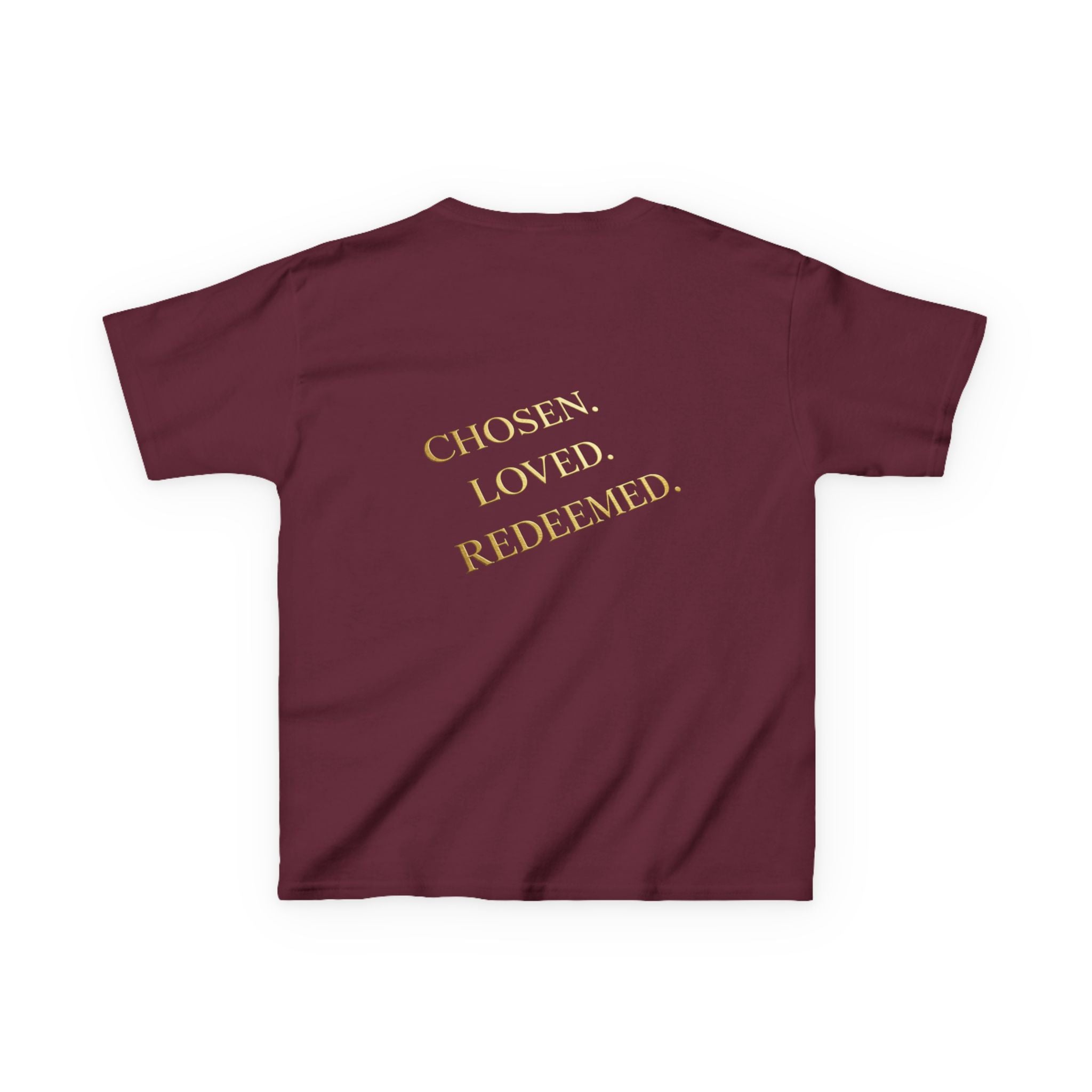 ✨ Chosen. Loved. Redeemed. – Elegant Christian Kids T-Shirt | Gold Foil Faith Tee | Subtle Cross & Heart Design | Inspirational Bible Verse Apparel by Uplifted Gear Printify