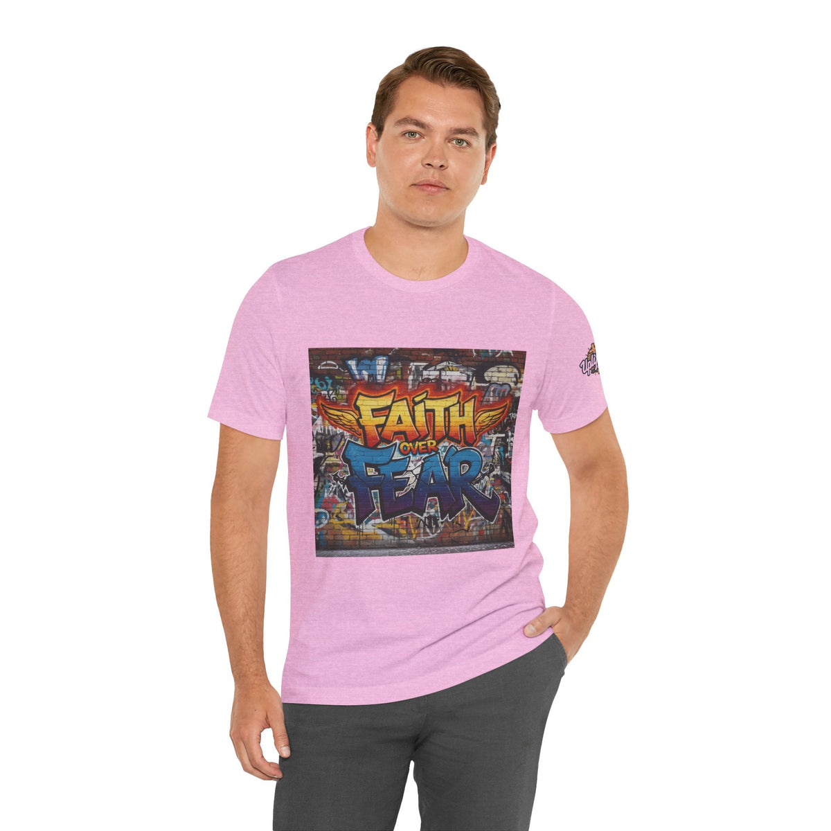 Faith Over Fear T-shirt – Graffiti Wall Christian T-shirt for Bold 2 Corinthians 5:7 Streetwear & Unshakable Faith Printify