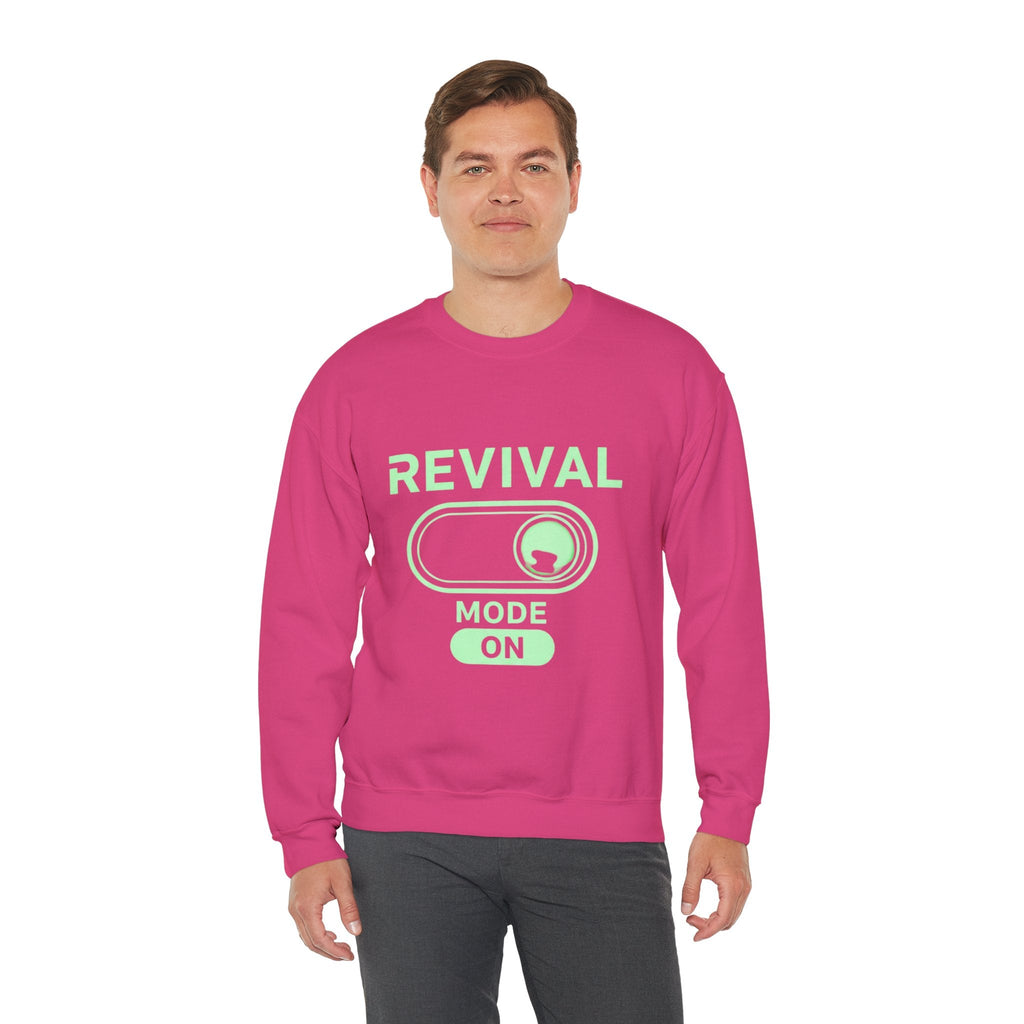 🔥 Revival Mode: ON – Christian Techwear Sweatshirt | Glowing Green Faith Switch | Futuristic Jesus Shirt | Activate Your Spiritual Awakening | Uplifted Gear Printify