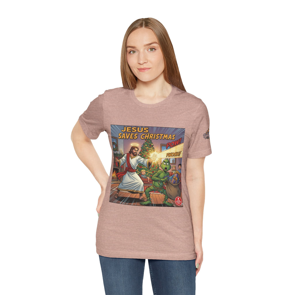Jesus Saves Christmas T-shirt – Grinch vs Savior Light Battle Christian T-shirt for Hilarious Holiday Faith & True Joy Printify