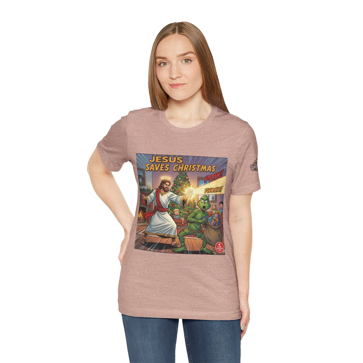 Jesus Saves Christmas T-shirt – Grinch vs Savior Light Battle Christian T-shirt for Hilarious Holiday Faith & True Joy Printify