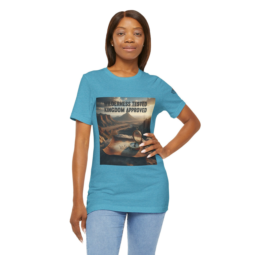 Wilderness Tested Kingdom Approved T-shirt – Mountain Desert Compass Crown Christian T-shirt for Biblical Adventure Faith Printify